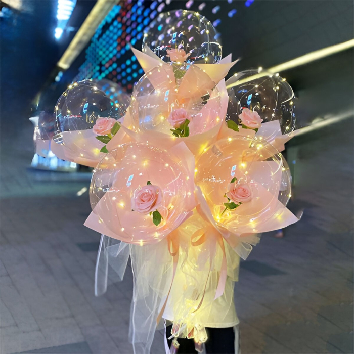 Trandafir in Balon LED cu Lumini, , Tip Buchet, Diametru 35 cm, Roz [4]