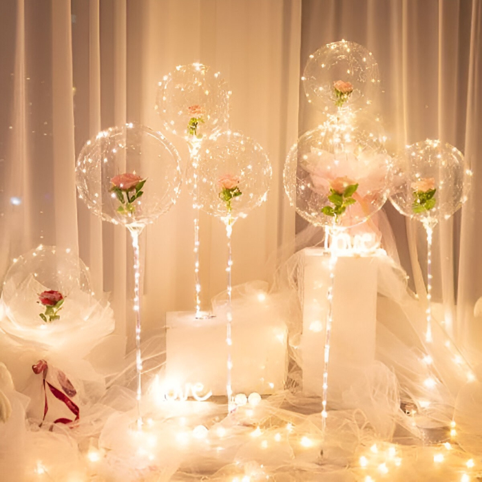 Trandafir in Balon LED cu Lumini, , Tip Buchet, Diametru 35 cm, Roz [3]