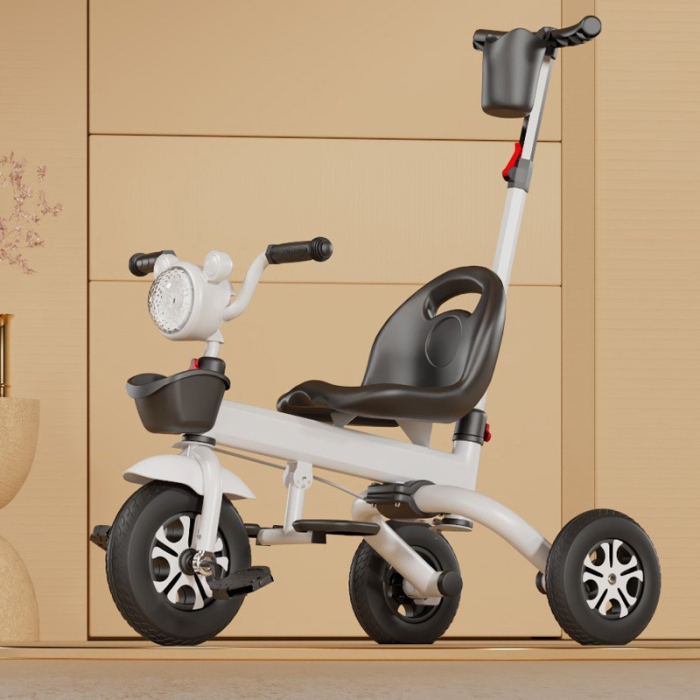 Tricicleta multifunctionala pentru Copii, , Pliabila de Tip Impingere, Scaun cu Functie Sezut si Culcat, Ghidon cu Cos Lumini si Muzica, Suport Pahar, 80 x 60 x 53 cm, Alb Negru [2]