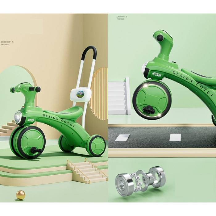 Tricicleta pentru copii , pedalare, impingere, lumini si sunete, pedale antiderapante, material dur, cos depozitare, varsta peste 18 luni, 80x40x52 cm, verde [2]