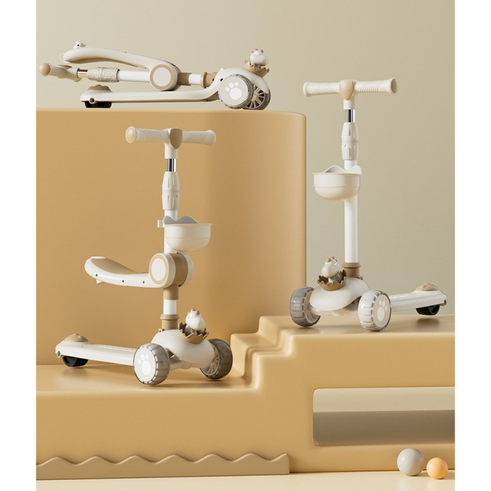 Trotineta Multifunctionala 3 in 1, , pentru Copii, 1-7 Ani, cu Lumini si Muzica, Reglabil 360, Pliere Usoara, Reglarea Inaltimii, Model Dinozaur, 67-76 x 24 x 55 cm, Alb/Bej [5]