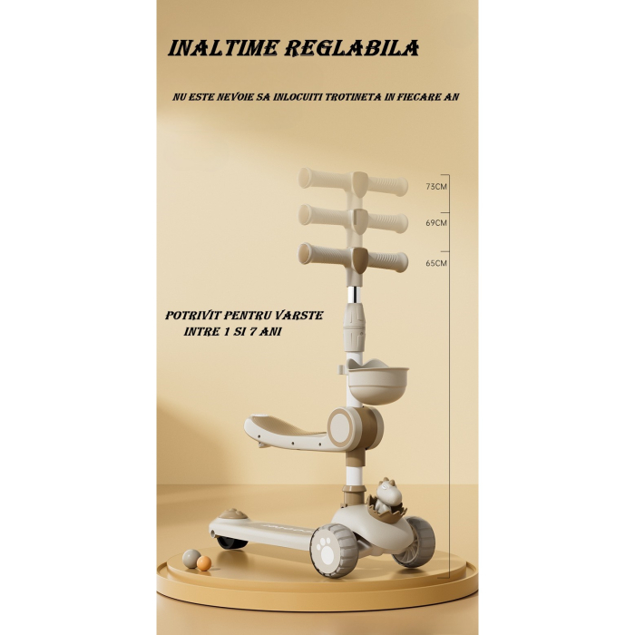 Trotineta Multifunctionala 3 in 1, , pentru Copii, 1-7 Ani, cu Lumini si Muzica, Reglabil 360, Pliere Usoara, Reglarea Inaltimii, Model Dinozaur, 67-76 x 24 x 55 cm, Alb/Bej [3]