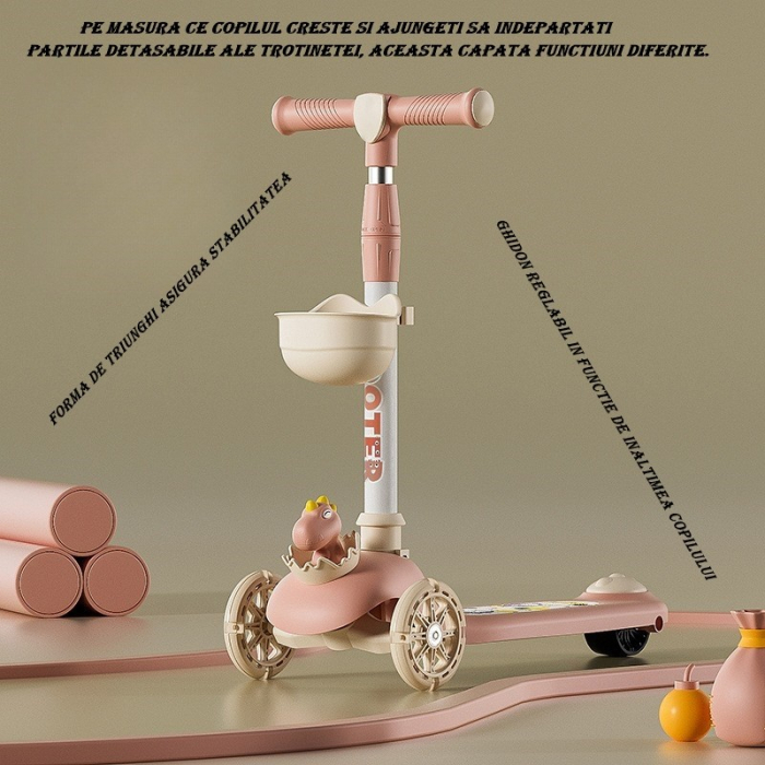 Trotineta Multifunctionala 3 in 1, , pentru Copii, 1-7 Ani, cu Lumini si Muzica, Reglabil 360, Pliere Usoara, Reglarea Inaltimii, Model Dinozaur, Alb/Roz [2]