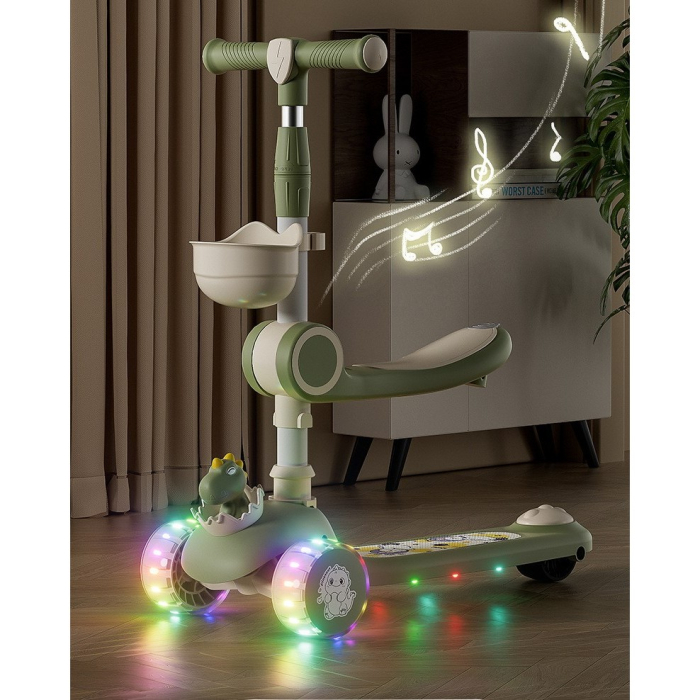 Trotineta Multifunctionala 3 in 1, , pentru Copii, 1-7 Ani, cu Lumini si Muzica, Reglabil 360, Pliere Usoara, Reglarea Inaltimii, Model Dinozaur, Bej/Verde [3]
