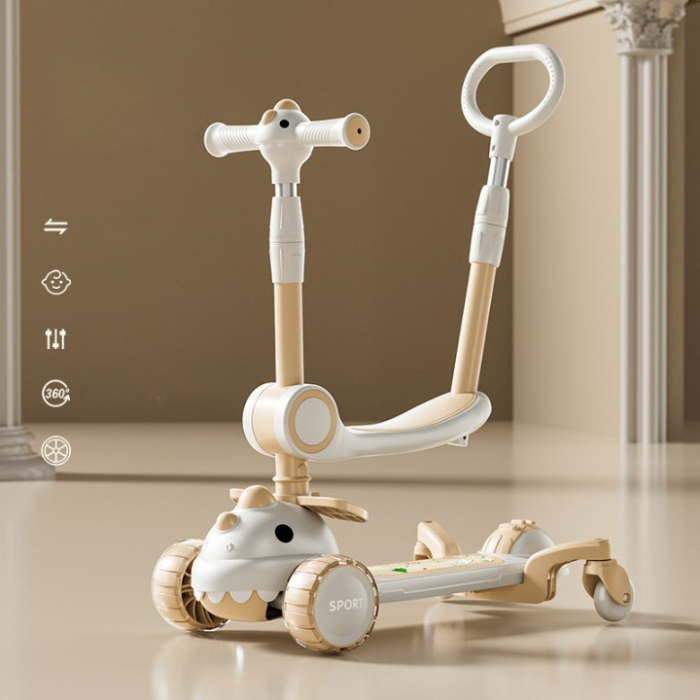 Trotineta Multifunctionala 6 in 1, , Pentru Copii De La 10 Luni Pana La 12 Ani, Cu Maner De Impingere, Reglabil 360, Pliere Usoara, Reglarea Inaltimii, Model Dinozaur, Alb/Bej [6]