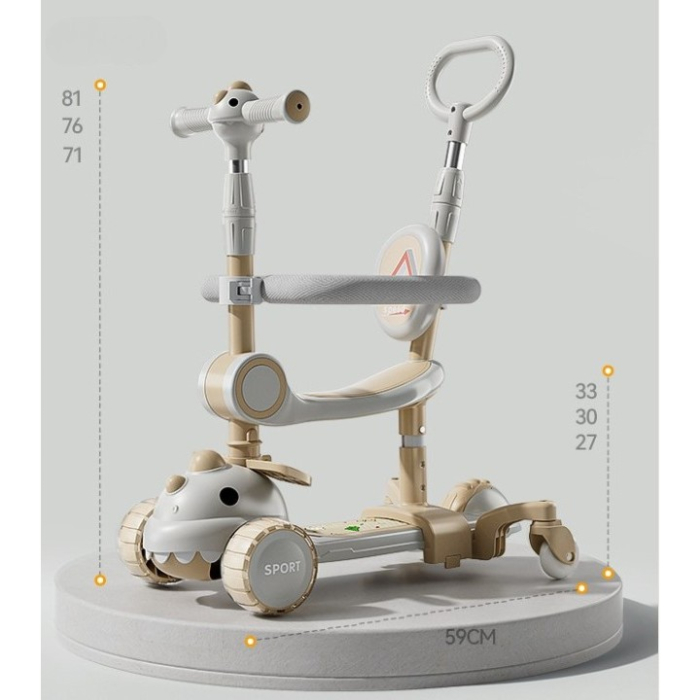 Trotineta Multifunctionala 6 in 1, , Pentru Copii De La 10 Luni Pana La 12 Ani, Cu Maner De Impingere, Reglabil 360, Pliere Usoara, Reglarea Inaltimii, Model Dinozaur, Alb/Bej [8]