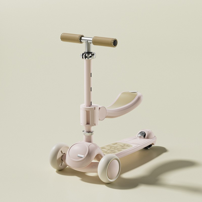 Trotineta Tip Carucior pentru Copii 7in1, , Pliabila, Ghidon Reglabil, Parti Detasabile, Lumini LED, Muzica, Suport pentru picioare, Roz [3]