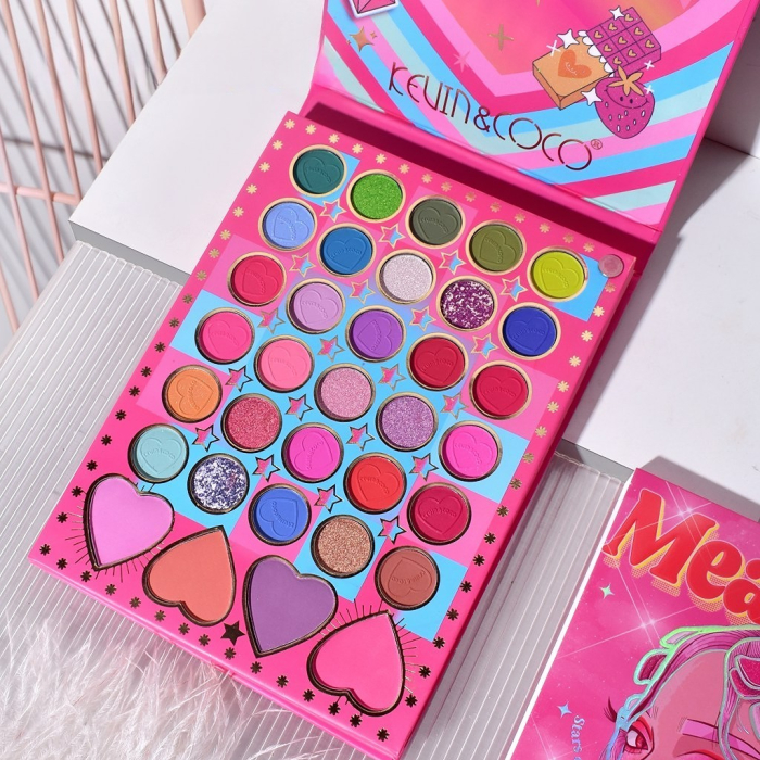 Trusa de Machiaj, KEVIN & COCO, Mean Girl Heart, Fard de Pleoape, Iluminator, Blush Cremos, 96 culori, 21 x 15.7 x 2.4 cm [7]