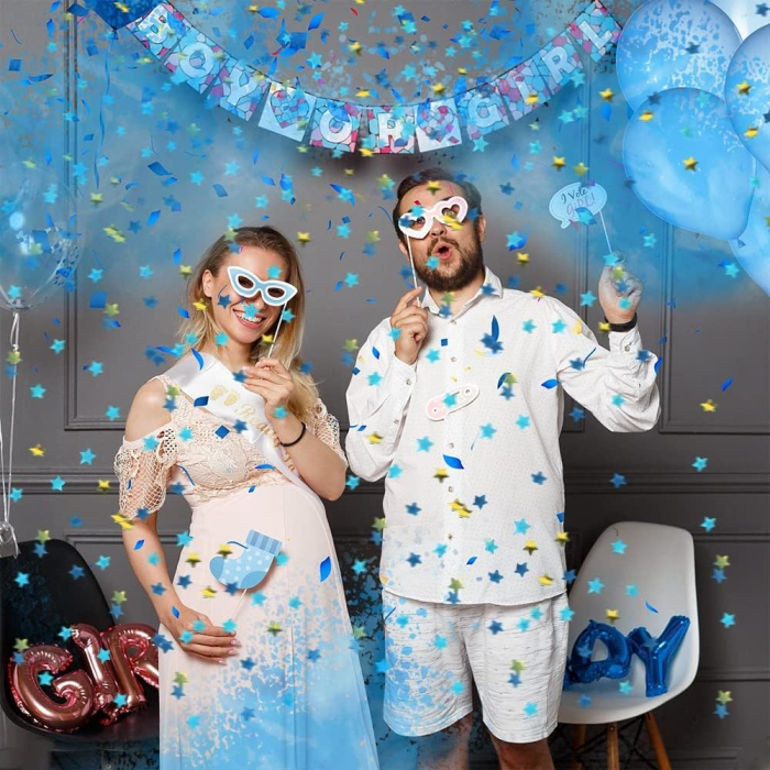 Tun Confetti, , Model Gender Reveal, Confetti Cannons, 40 cm, Ambalaj din Carton, Eliberare prin Rasucire, Albastru [7]