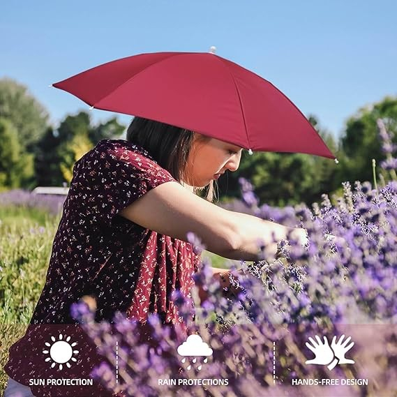 Umbrela de Cap, , Diametru 69 cm, Banda Elastica de Cap, Protectie UV/Ploaie, Rosu Inchis [2]