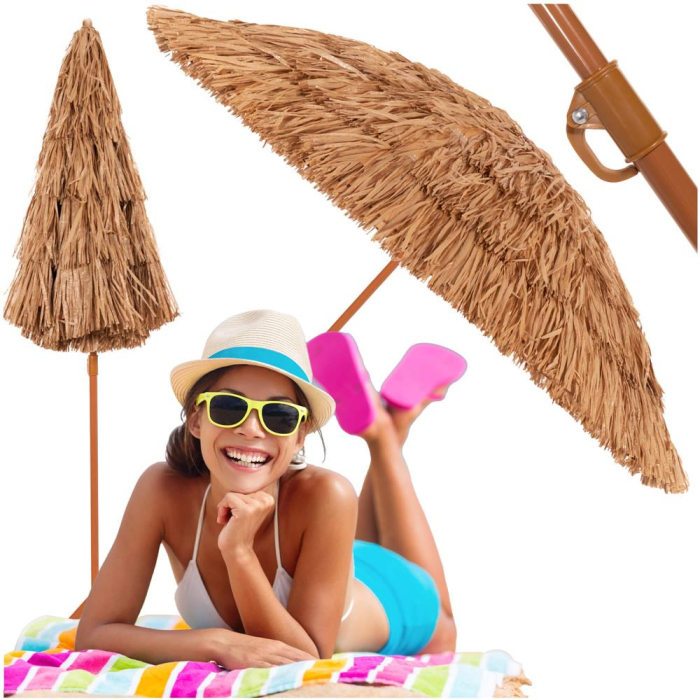 Umbrela de plaja tip hawai pliabila, cu inaltime si unghi reglabil, structura metalica, 160 cm, maro [2]