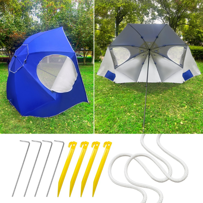 Umbrela plaja 3in1 215x205 cm, cu paravan lateral, fereastra si husa transport, material UV, albastru [7]