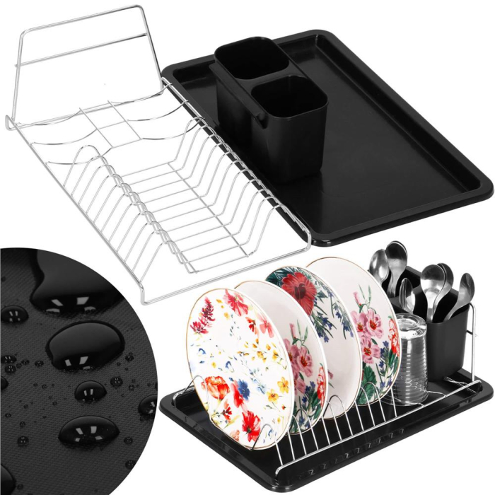 Uscator de vase cu suport tacamuri, din otel cromat, cu tava de scurgere, 40x19x13cm, negru [7]