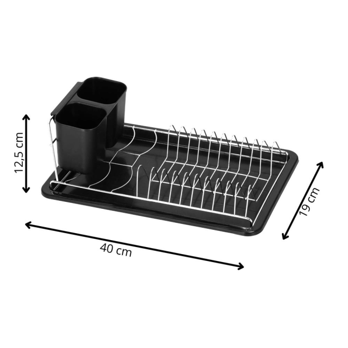 Uscator de vase cu suport tacamuri, din otel cromat, cu tava de scurgere, 40x19x13cm, negru [16]