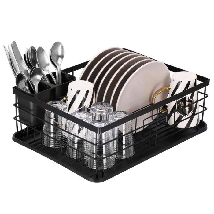 Uscator de vase cu suport tacamuri, din otel, cu tava de scurgere, 42x32x15cm, negru [4]