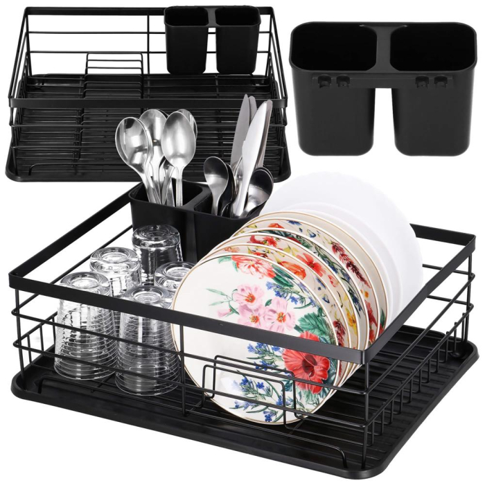 Uscator de vase cu suport tacamuri, din otel, cu tava de scurgere, 42x32x15cm, negru [26]