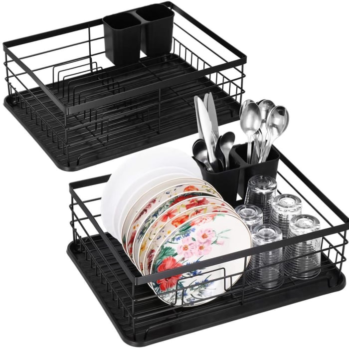 Uscator de vase cu suport tacamuri, din otel, cu tava de scurgere, 42x32x15cm, negru [7]