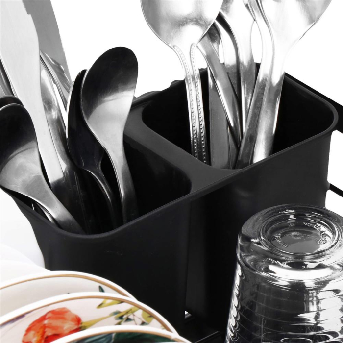 Uscator de vase cu suport tacamuri, din otel, cu tava de scurgere, 42x32x15cm, negru [15]