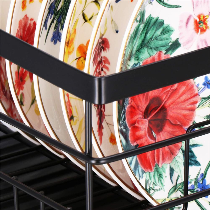 Uscator de vase cu suport tacamuri, din otel, cu tava de scurgere, 42x32x15cm, negru [16]