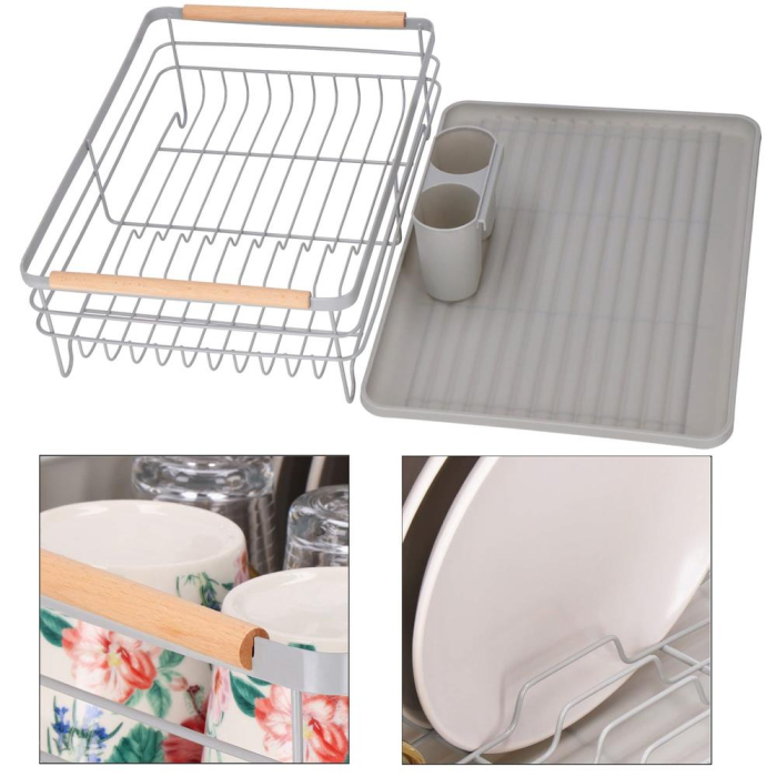 Uscator de vase cu suport tacamuri, din otel, cu tava de scurgere, manere lemn, 42x32x15cm, gri [24]