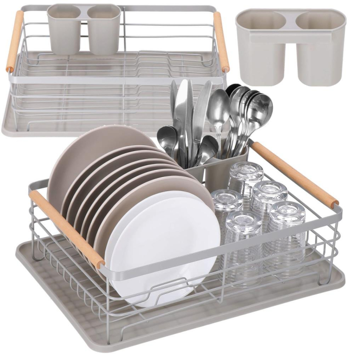Uscator de vase cu suport tacamuri, din otel, cu tava de scurgere, manere lemn, 42x32x15cm, gri [4]