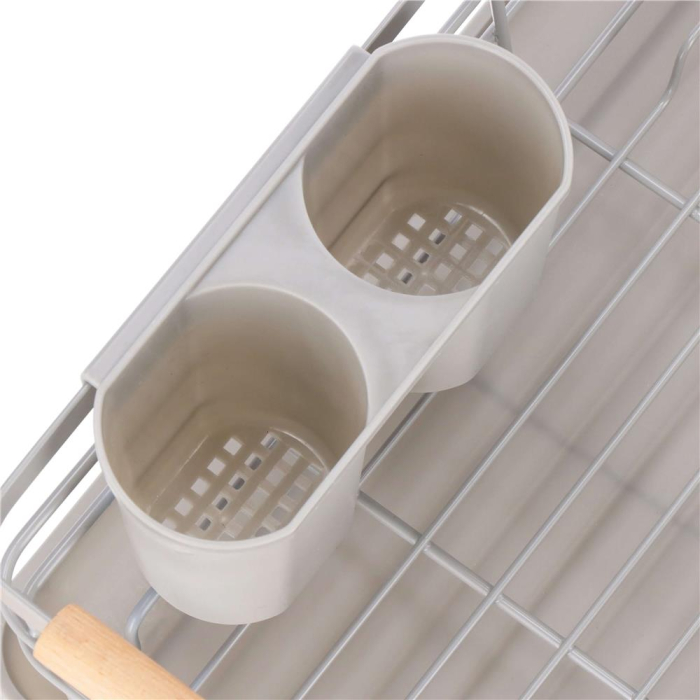 Uscator de vase cu suport tacamuri, din otel, cu tava de scurgere, manere lemn, 42x32x15cm, gri [20]