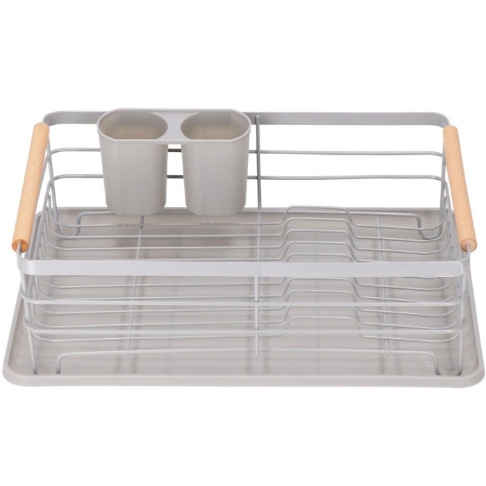 Uscator de vase cu suport tacamuri, din otel, cu tava de scurgere, manere lemn, 42x32x15cm, gri [22]