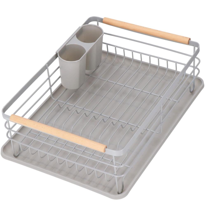 Uscator de vase cu suport tacamuri, din otel, cu tava de scurgere, manere lemn, 42x32x15cm, gri [16]