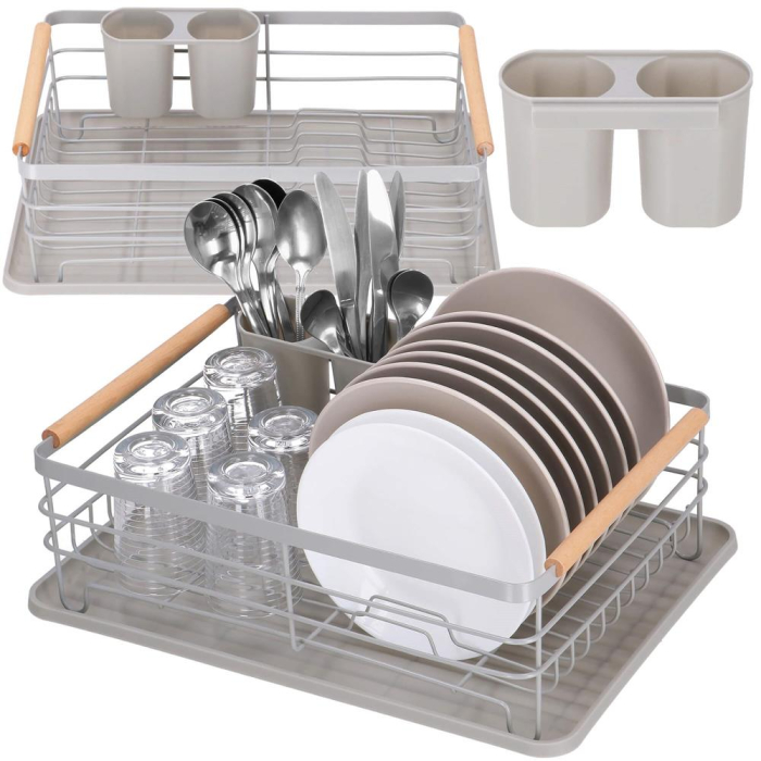 Uscator de vase cu suport tacamuri, din otel, cu tava de scurgere, manere lemn, 42x32x15cm, gri [5]