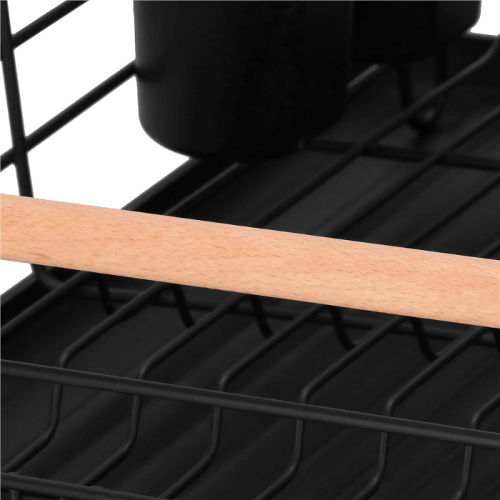 Uscator de vase cu suport tacamuri, din otel, cu tava de scurgere, manere lemn, 42x32x15cm, negru [19]