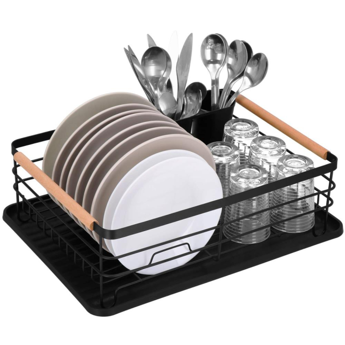 Uscator de vase cu suport tacamuri, din otel, cu tava de scurgere, manere lemn, 42x32x15cm, negru [7]