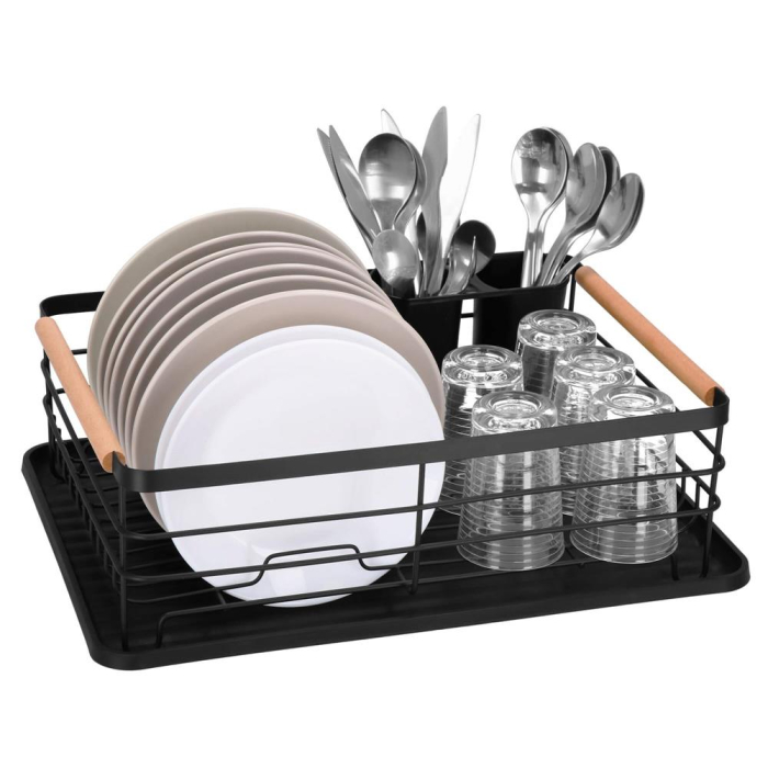 Uscator de vase cu suport tacamuri, din otel, cu tava de scurgere, manere lemn, 42x32x15cm, negru [6]