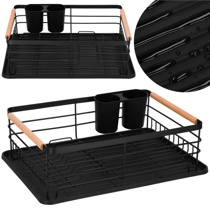 Uscator de vase cu suport tacamuri, din otel, cu tava de scurgere, manere lemn, 42x32x15cm, negru [13]