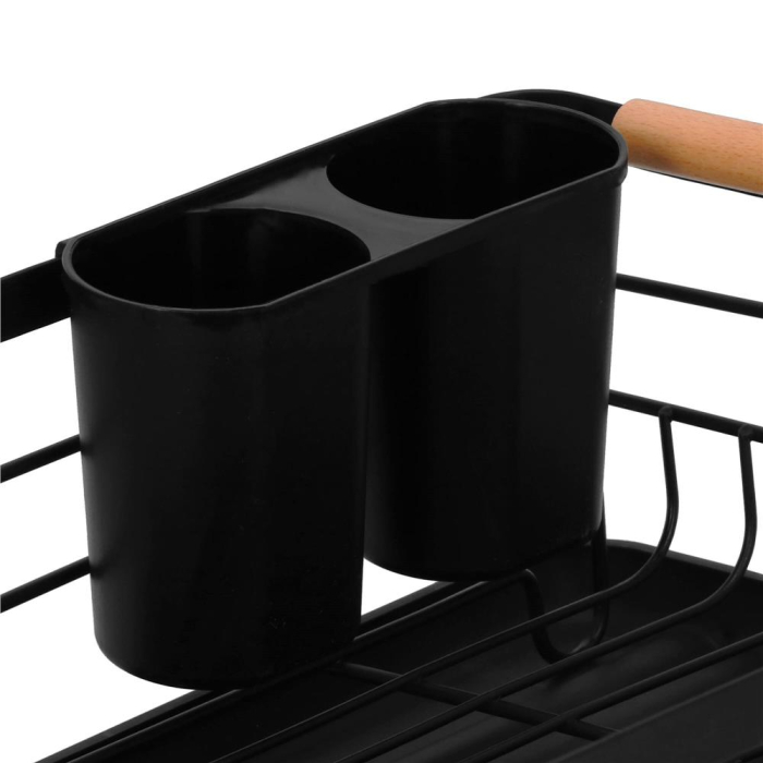 Uscator de vase cu suport tacamuri, din otel, cu tava de scurgere, manere lemn, 42x32x15cm, negru [17]