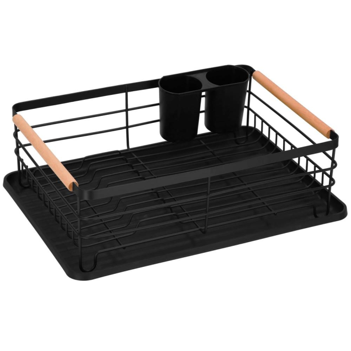 Uscator de vase cu suport tacamuri, din otel, cu tava de scurgere, manere lemn, 42x32x15cm, negru [2]