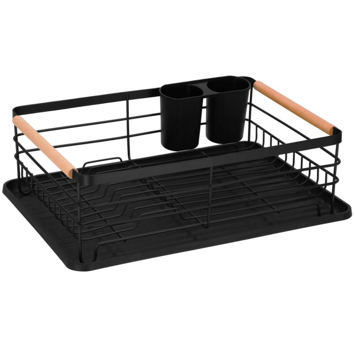 Uscator de vase cu suport tacamuri, din otel, cu tava de scurgere, manere lemn, 42x32x15cm, negru [1]