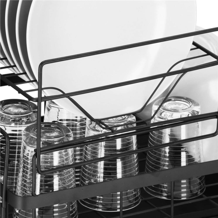Uscator de vase cu suport tacamuri, din otel, pe 2 nivele, cu tava de scurgere, 50x30x24cm, negru [6]