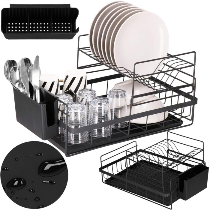 Uscator de vase cu suport tacamuri, din otel, pe 2 nivele, cu tava de scurgere, 50x30x24cm, negru [3]
