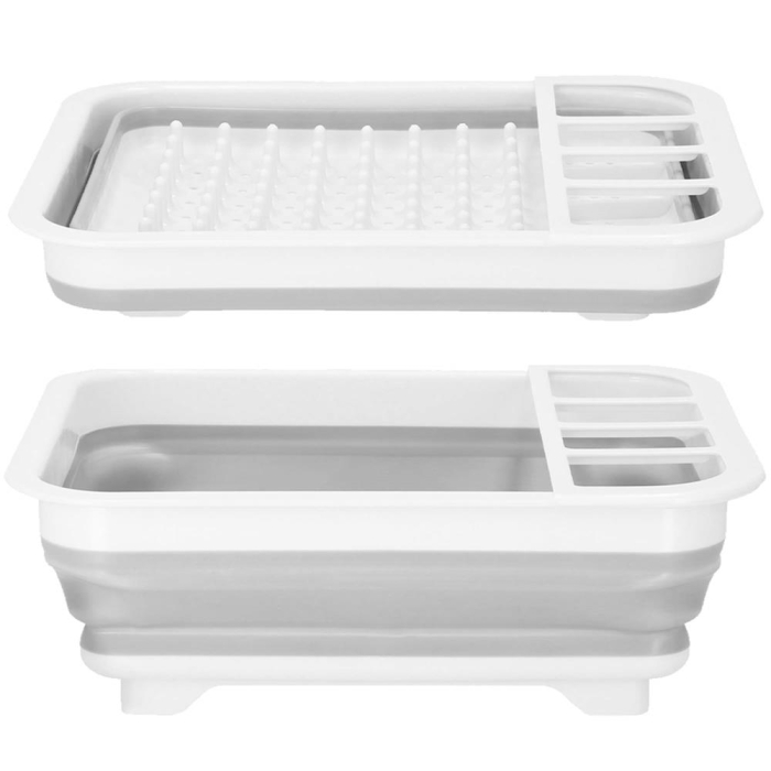 Uscator de vase pliabil, din pastic si silicon, 36x31x12cm, suport tacamuri, alb si gri [4]