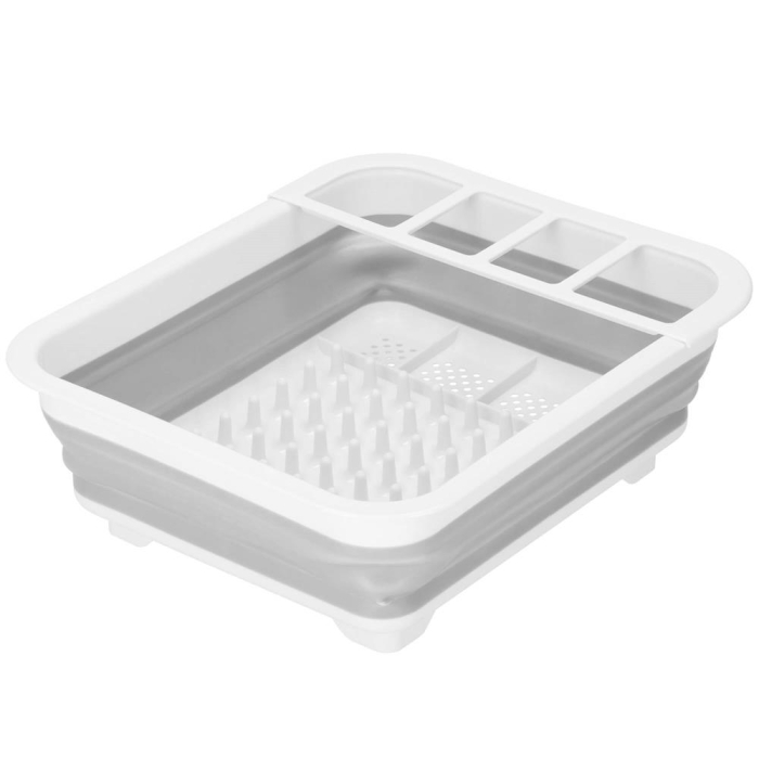 Uscator de vase pliabil, din pastic si silicon, 36x31x12cm, suport tacamuri, alb si gri [1]