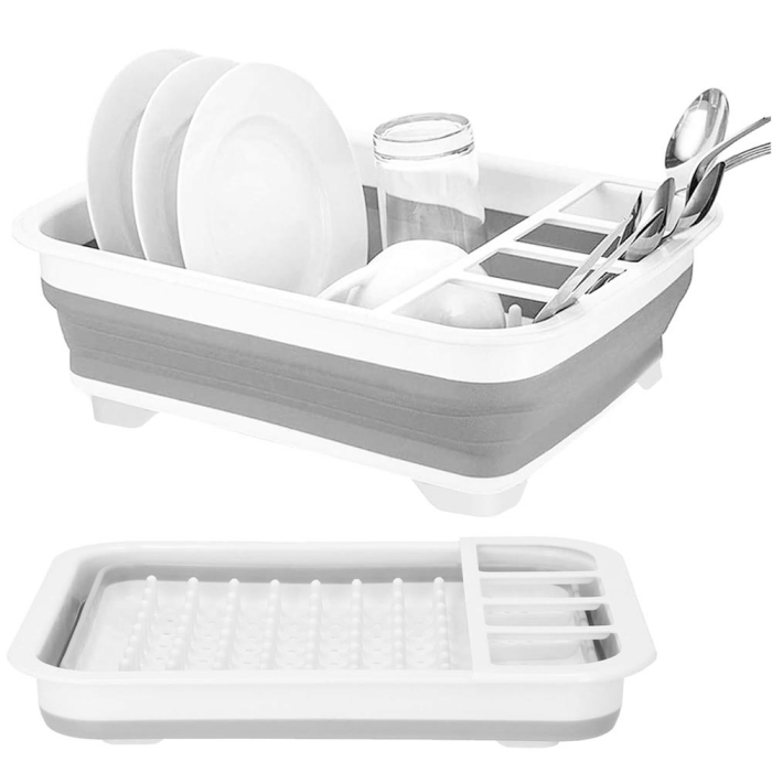 Uscator de vase pliabil, din pastic si silicon, 36x31x12cm, suport tacamuri, alb si gri [15]