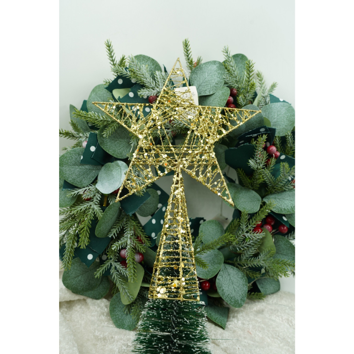 Varf decorativ de brad, Auriu, in forma de Stea, infasurata, din Plastic/Metal, 20 cm x 28 cm, Interior/Exterior,  [2]