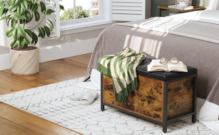 VASAGLE Banca cu lada de depozitare, perna captusita, piele sintetica neagra, 40x80x50cm, maro rustic [7]