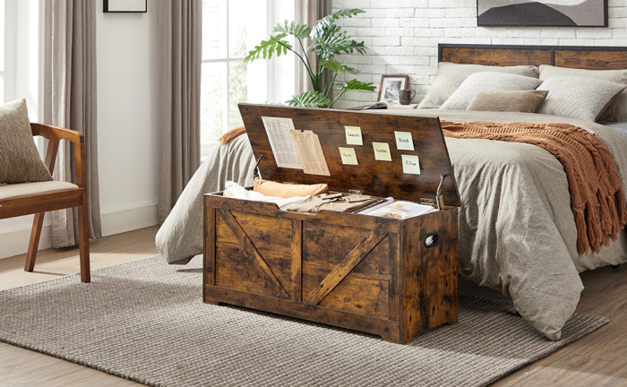 VASAGLE Banca de depozitare tip cufar, cu 2 balamale de siguranta, stil hambar, 40x100x46cm, maro rustic [9]