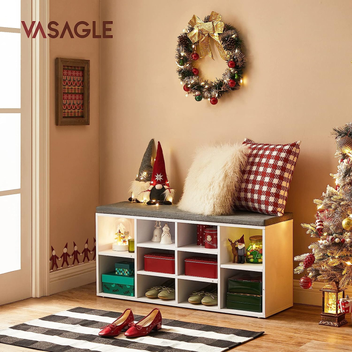 VASAGLE Banca pentru hol cu suport pentru pantofi, 10 compartimente, cu perna, 104x48x30cm, alb [2]