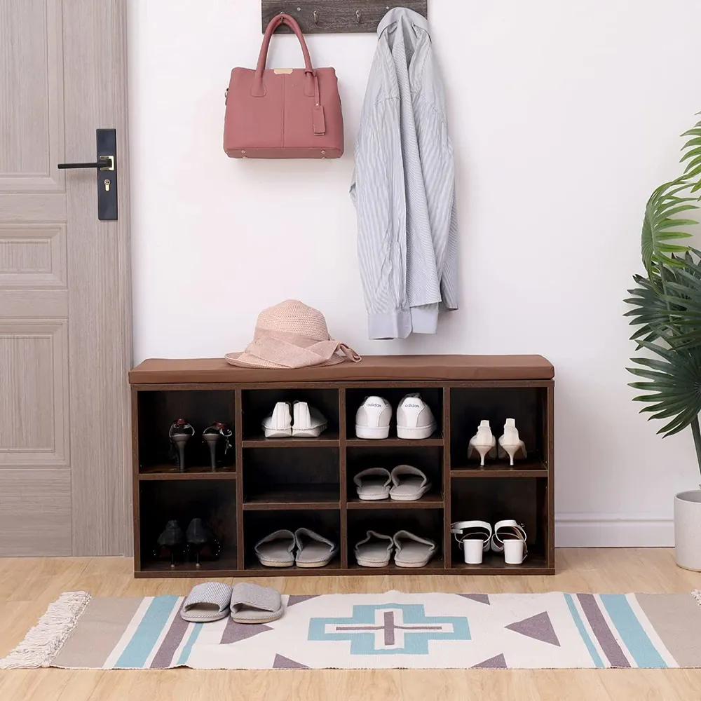 VASAGLE Banca pentru hol cu suport pentru pantofi, 10 compartimente, cu perna, 104x48x30cm, maro rustic [8]
