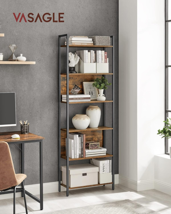 VASAGLE Biblioteca 60x24x186 cm, 6 rafturi, stil industrial, PAL si otel, maro rustic-negru [2]
