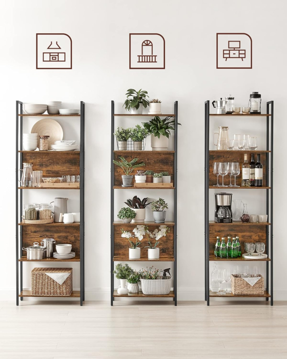 VASAGLE Biblioteca 60x24x186 cm, 6 rafturi, stil industrial, PAL si otel, maro rustic-negru [7]