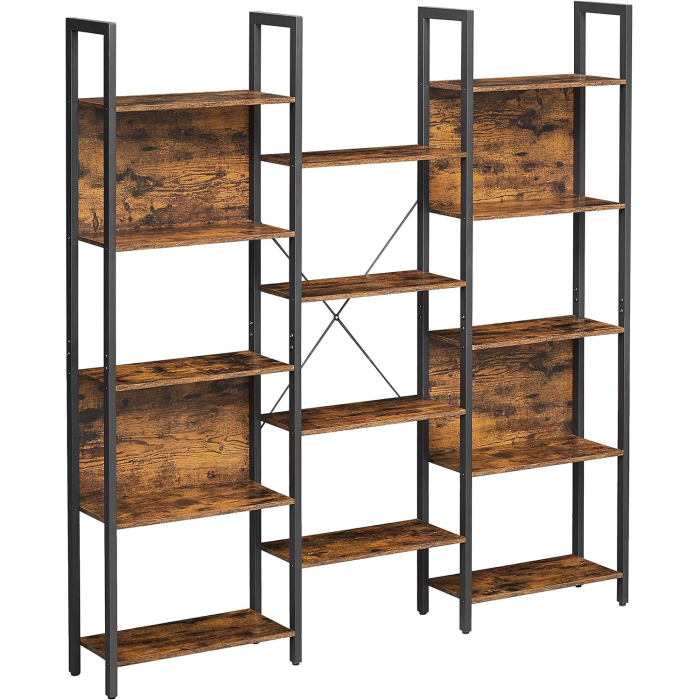 VASAGLE Biblioteca cu 14 rafturi din lemn, cadru metalic, 24x158x166cm, stil industrial, maro rustic si negru [1]