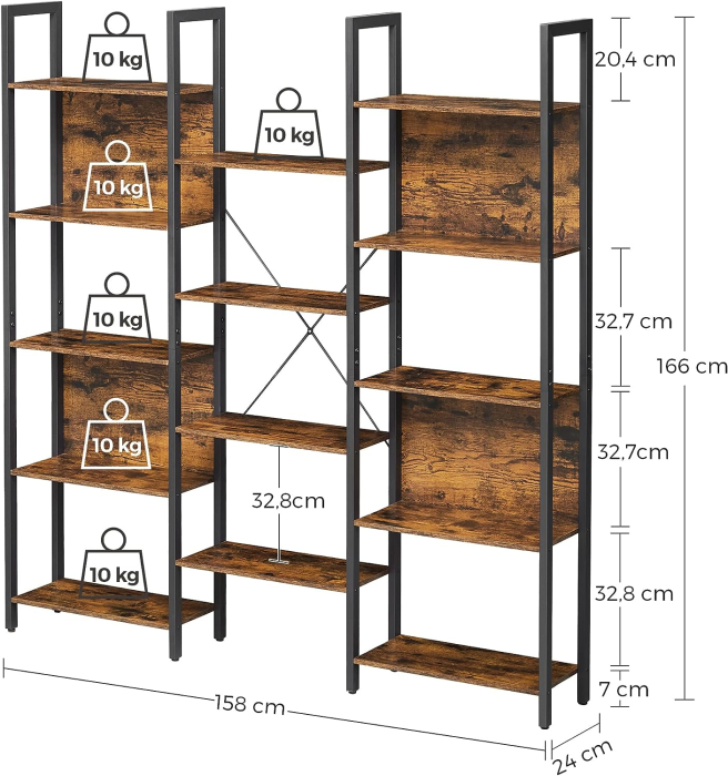 VASAGLE Biblioteca cu 14 rafturi din lemn, cadru metalic, 24x158x166cm, stil industrial, maro rustic si negru [2]